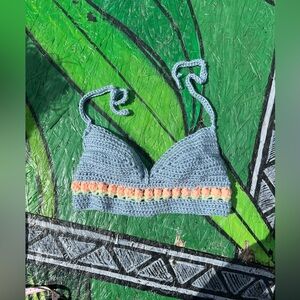 Handmade Crochet Bralette in Light Blue with Peach & Lime Accent